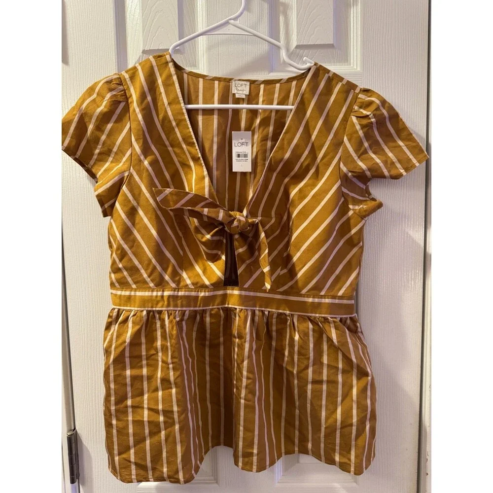NWT LOFT Mustard White Striped Tie Front Peplum Top Sz L Coastal Resort Boho